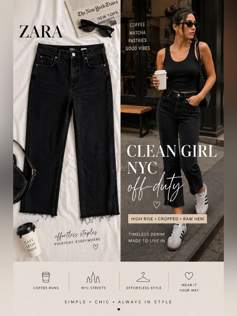 Zara Black High Rise Cropped Straight Leg Jeans Raw Hem